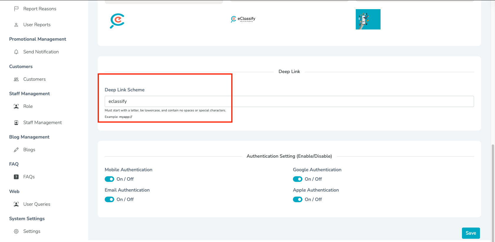 Admin Panel Deep Link Scheme